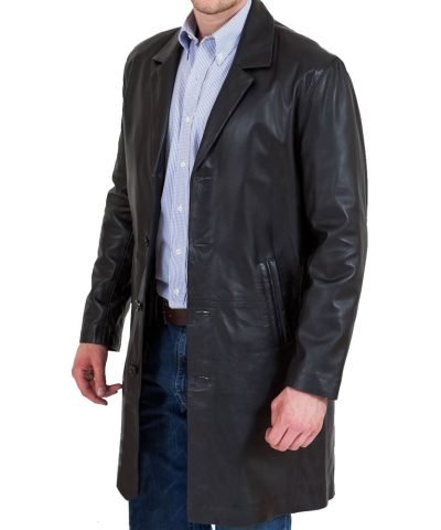 Men's 3/4 Length Black Leather Coat