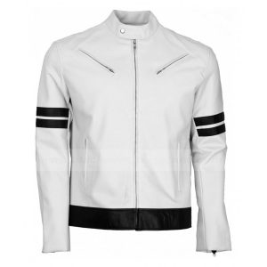 Black Stripped White Leather Biker Jacket