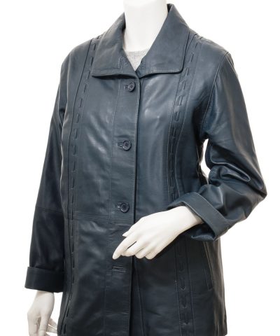 Women's Blue Stand Up Leather Coat