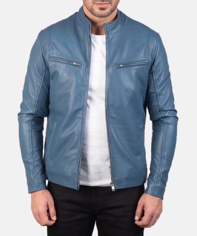 Mens Ionic Blue Leather Biker Jacket