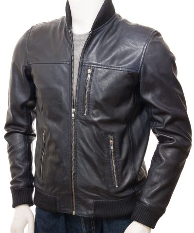Men's Blue Leather Bomber Jacket