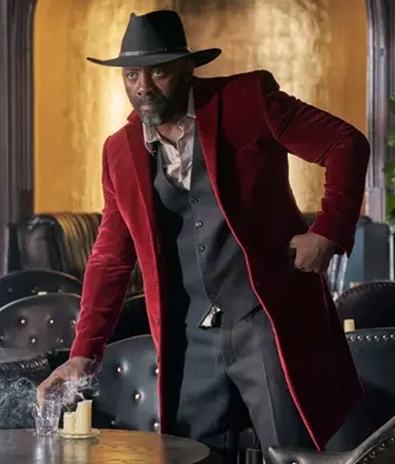 Idris Elba The Harder They Fall Rufus Buck Red Velvet Trench Coat